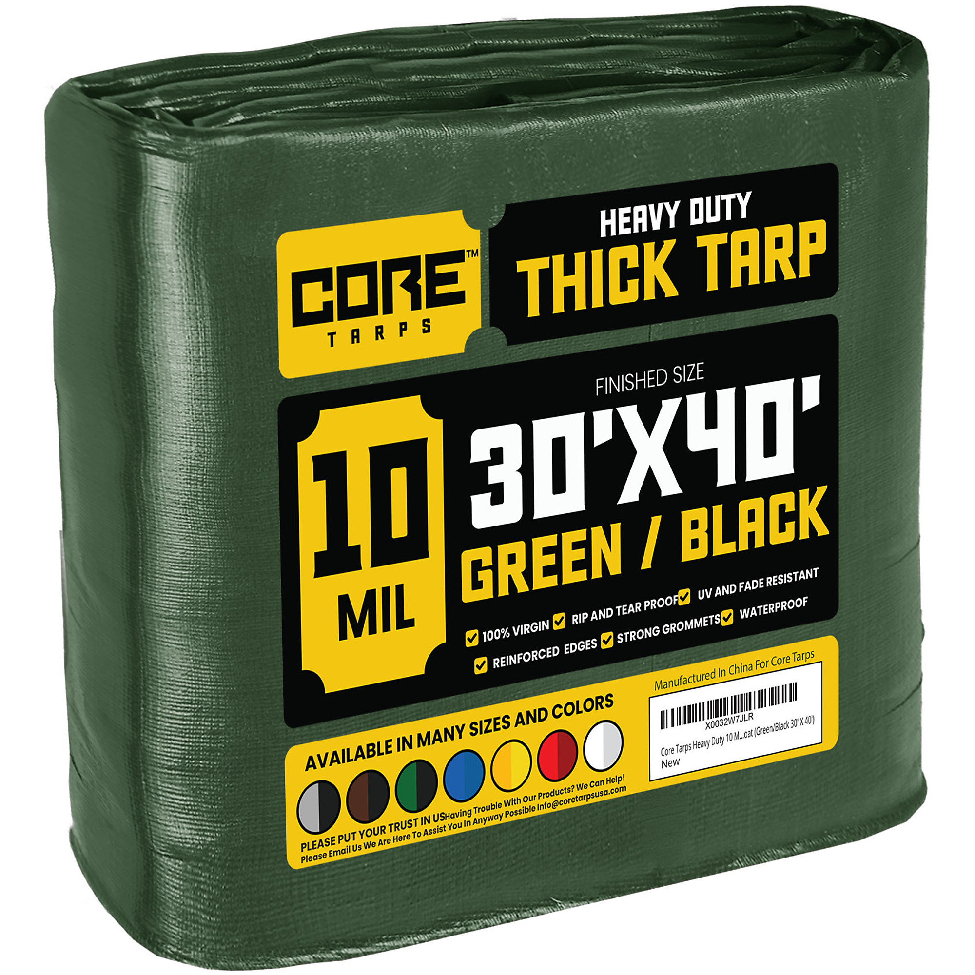 Core Tarps Heavy Duty Tarp Cover — 30ft. x 40ft., 10 Mil, Waterproof, UV Resistant, Rip and Tear Proof, Reinforced Edges, Green/Black, Model# CT-603-30X40